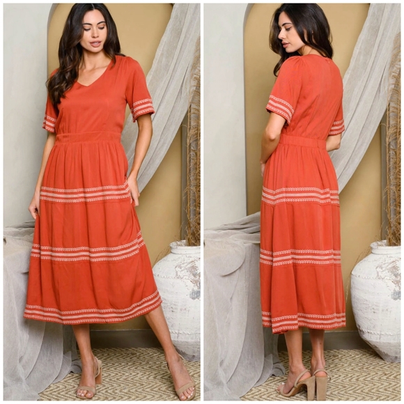 LAST ONE❗️POLAGRAM Boho Chic Rust Short Embroidered Detail Midi Tired Dress - Picture 2 of 5